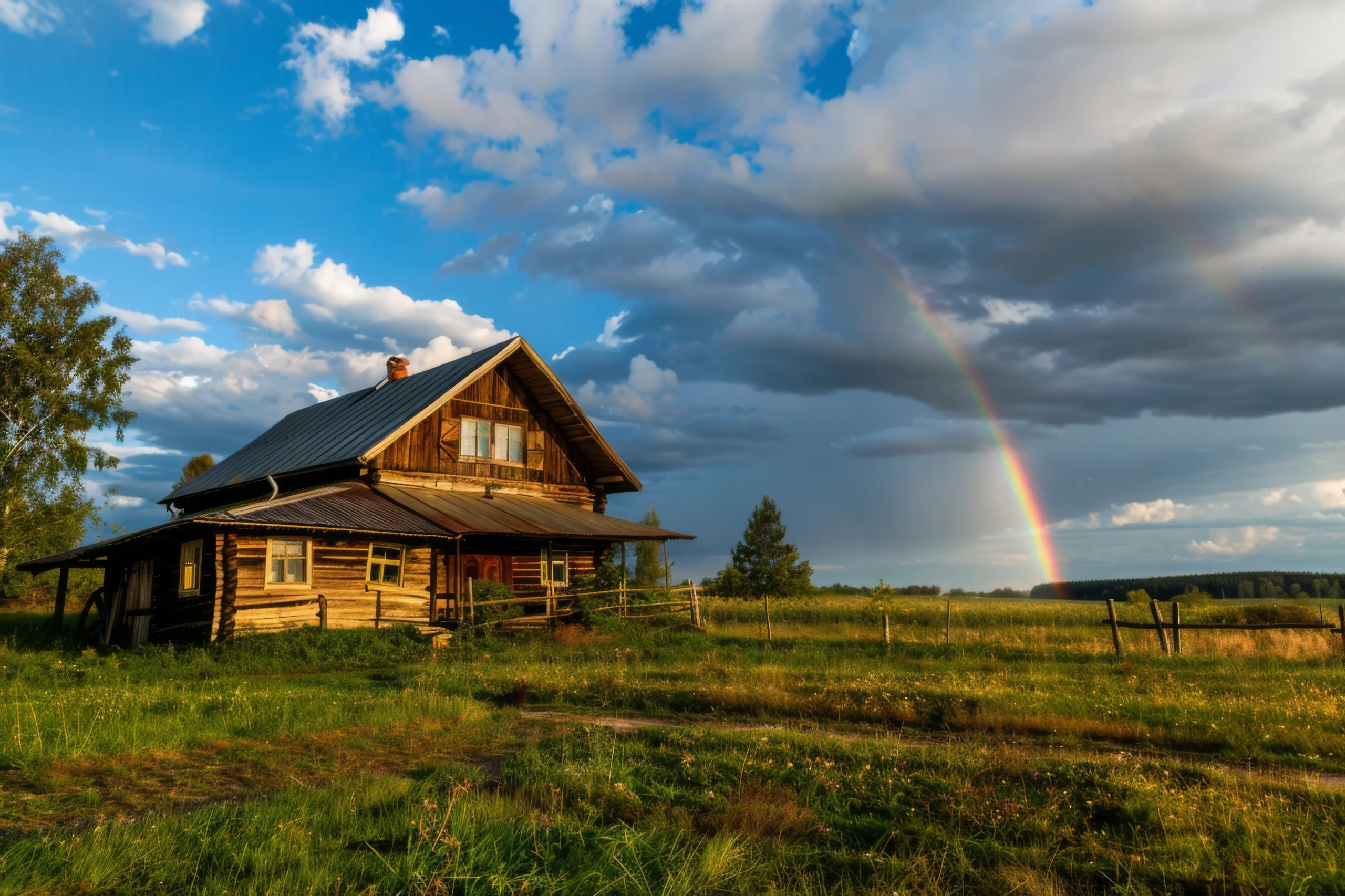 Vastu for farm house - house image located between farm and cloud with rainbow